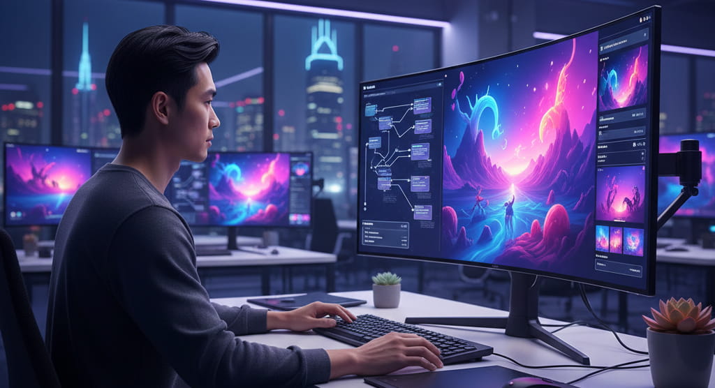 AI artist creating professional AI-generated digital artwork using advanced tools in 2026