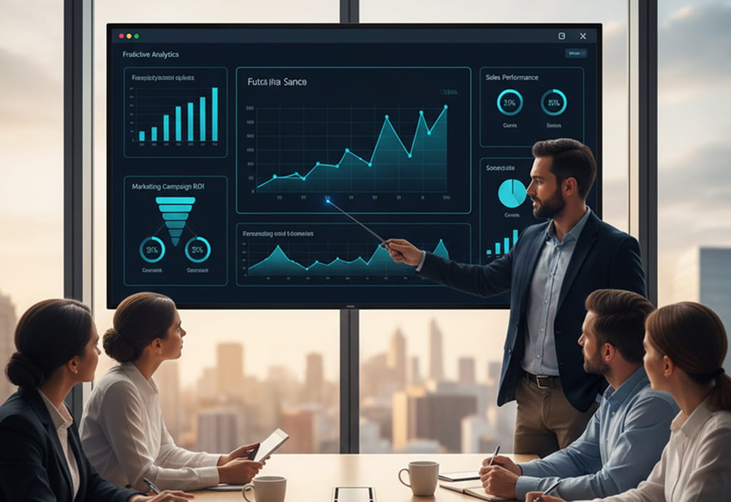 Data scientist presenting predictive analytics to a business team