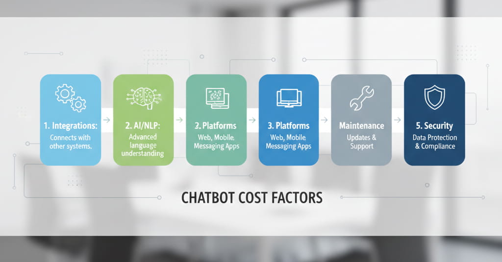 factors affecting chatbot development cost such as integrations, AI, and platforms