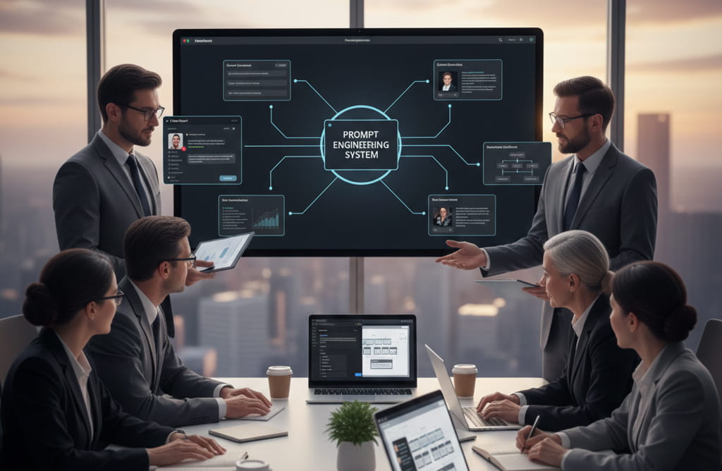 Business team collaborating with a prompt engineer on AI strategy