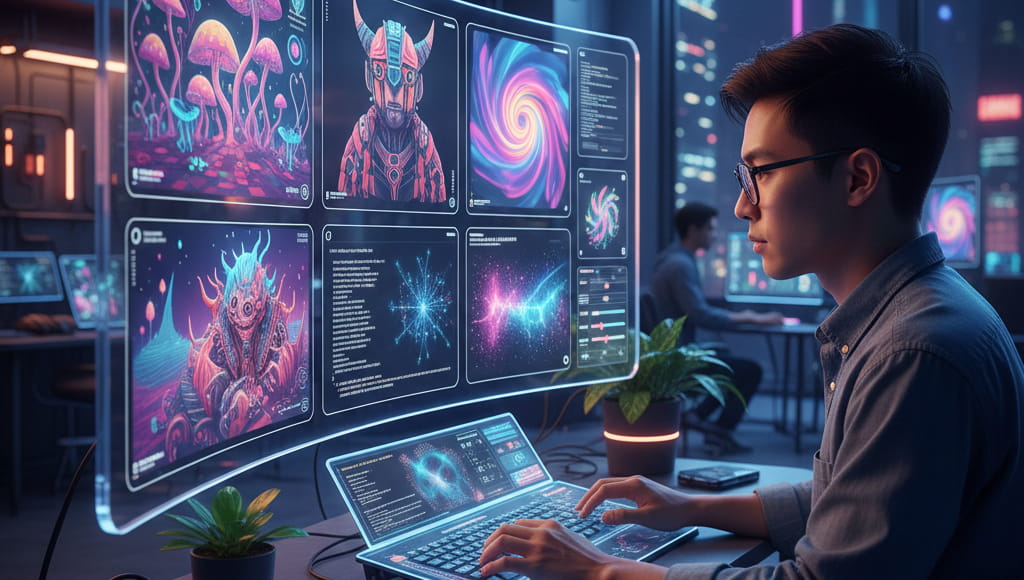 AI artist creating professional AI-generated artwork using advanced tools