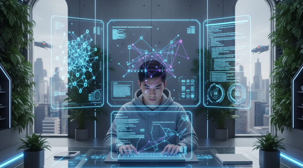 Machine learning expert analyzing data models and AI algorithms on a computer screen