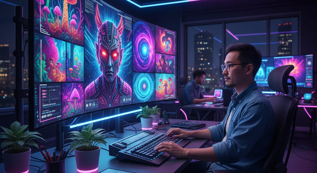 Professional AI artist creating high-quality AI-generated digital artwork in a modern studio